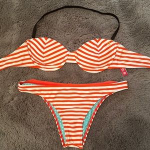 Guess Red Striped Vintage Bikini Set with Removable Black Strap & Gold Detail